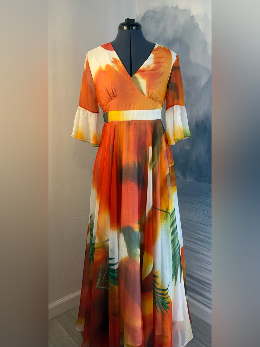 STYLEWE Orange & Yellow Tropical Print Maxi Dress #255